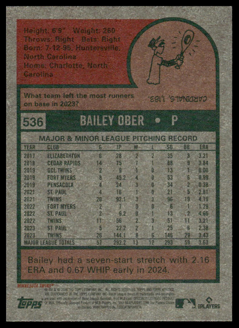 2024 Topps Heritage #536 Bailey Ober Minnesota Twins