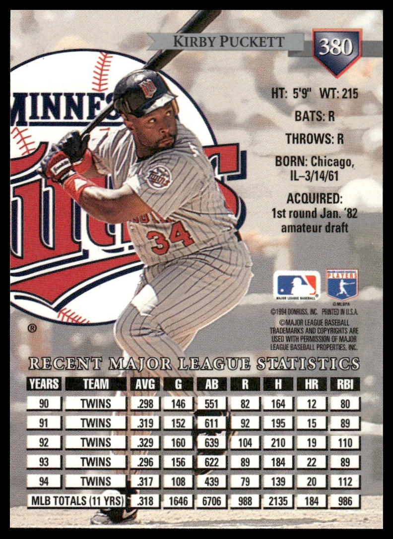 1995 Donruss #380 Kirby Puckett Minnesota Twins