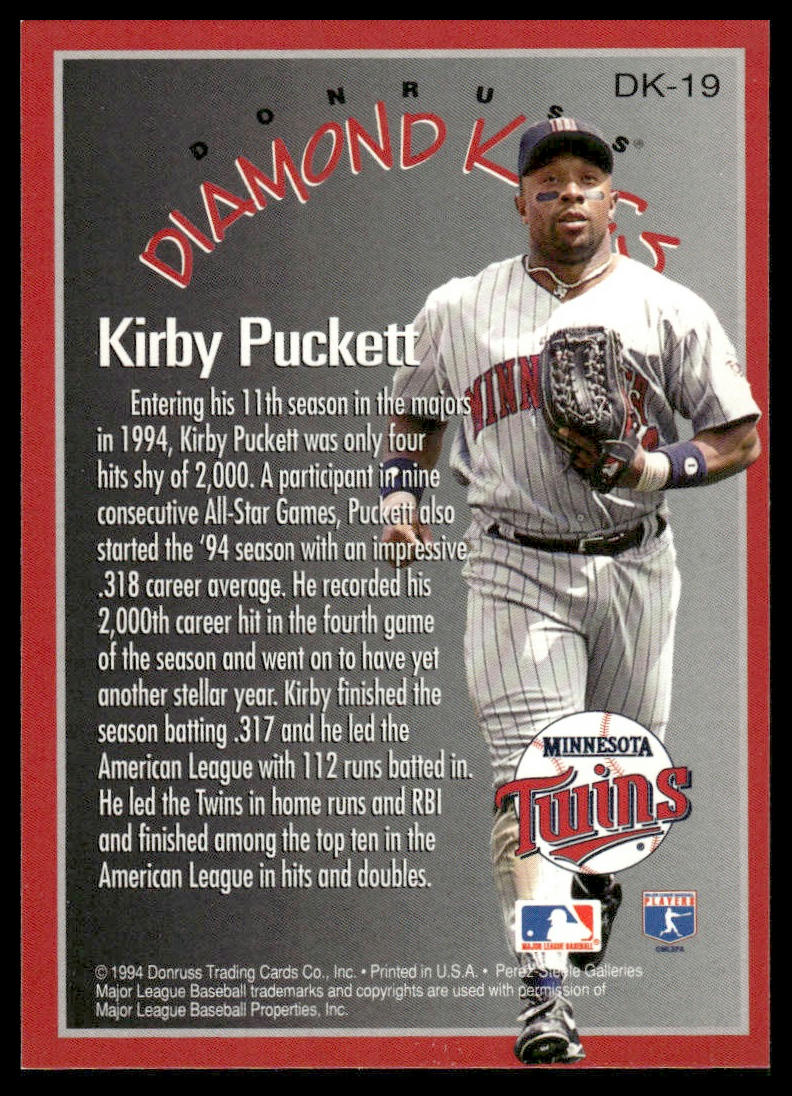 1995 Donruss #DK-19 Kirby Puckett Minnesota Twins Diamond Kings