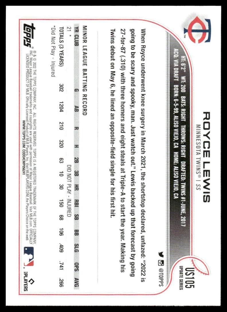 2022 Topps Update #US105 Royce Lewis Minnesota Twins Rookie