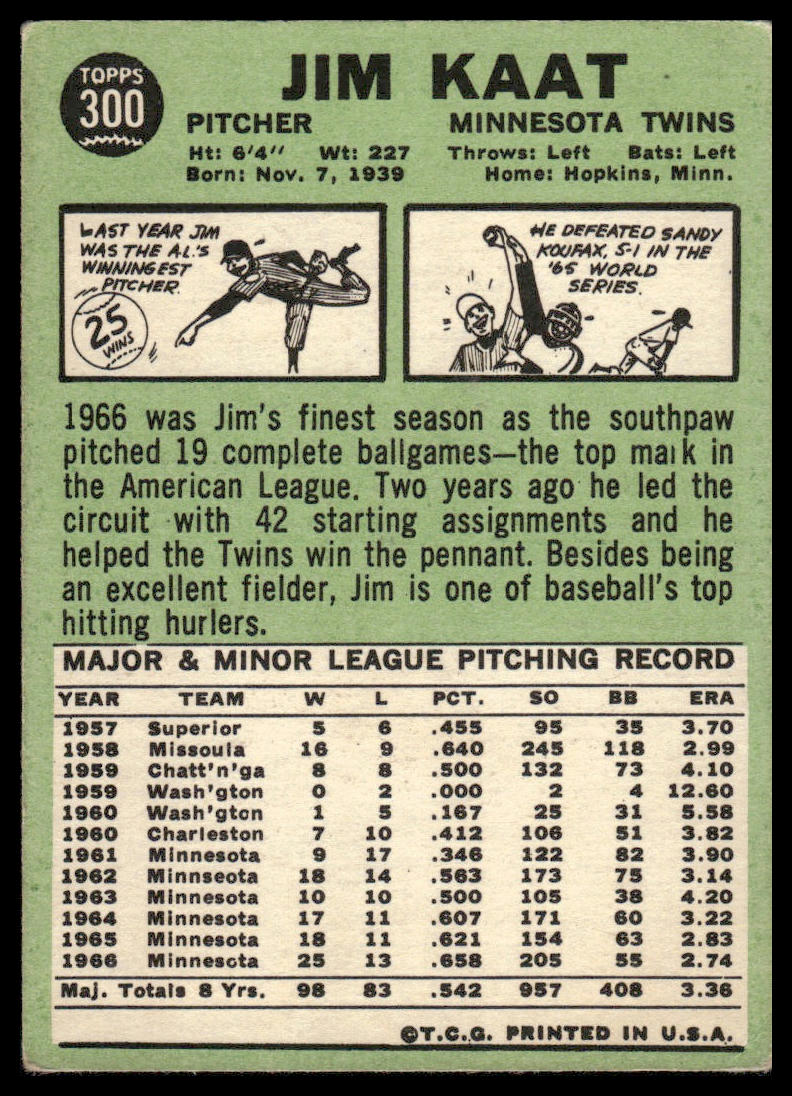 1967 Topps #300 Jim Kaat Minnesota Twins