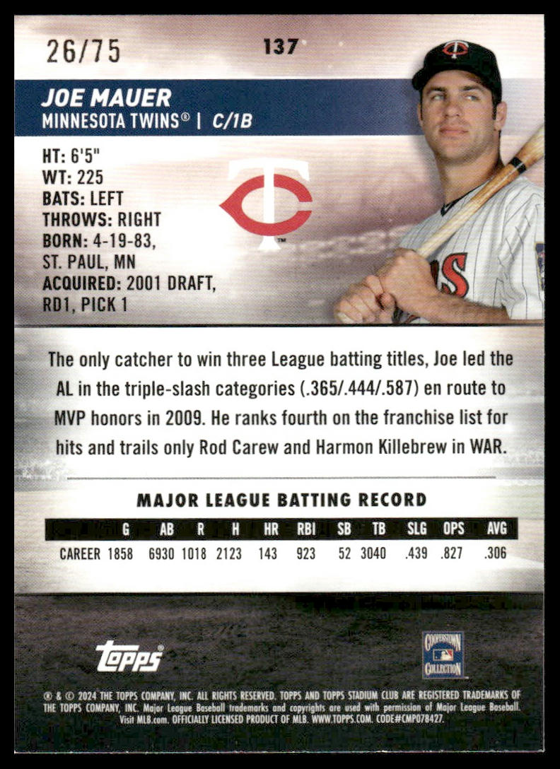 2024 Stadium Club #137 Joe Mauer Minnesota Twins Purple Foil