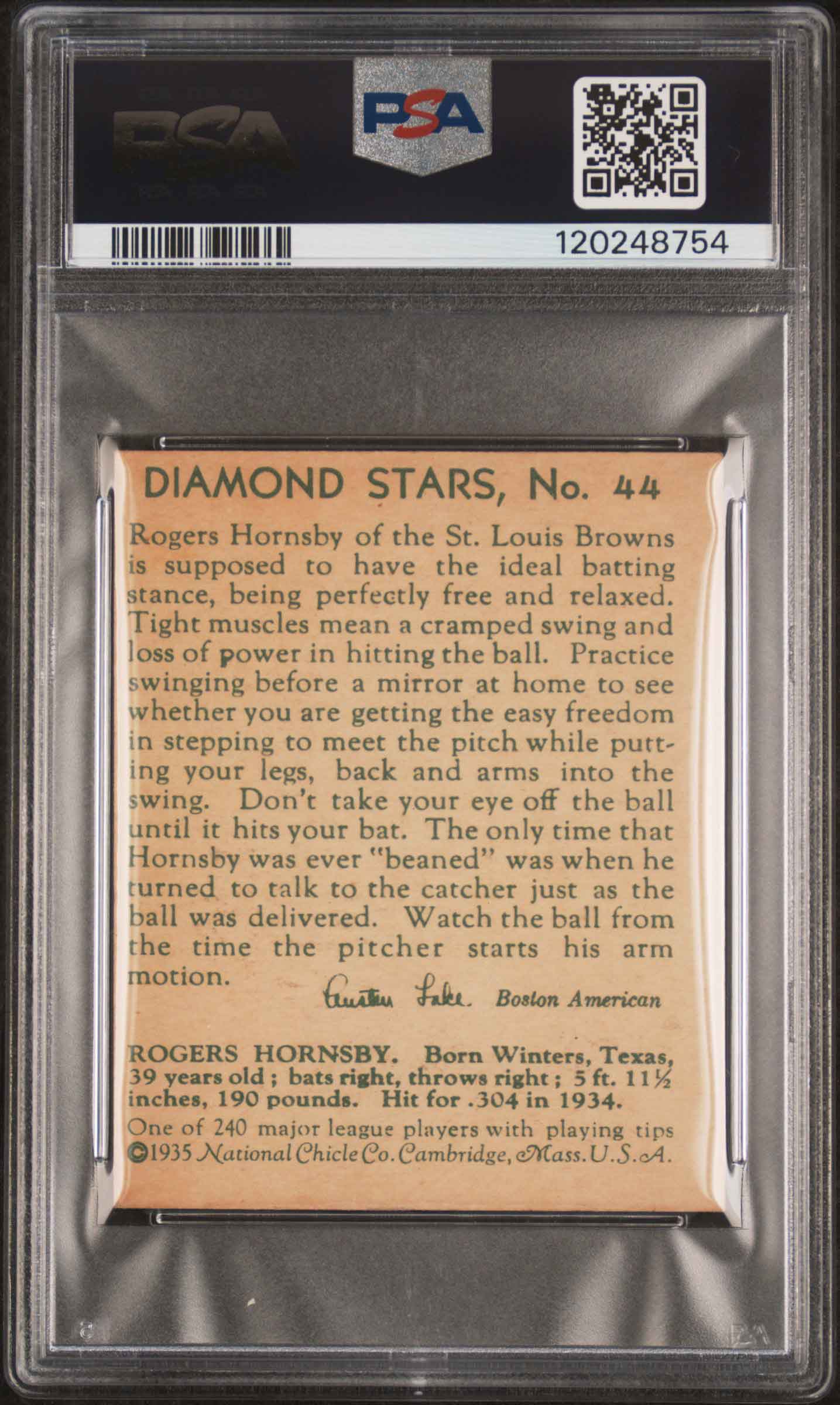 1935 Diamond Stars #44 Rogers Hornsby PSA 4 VG-EX