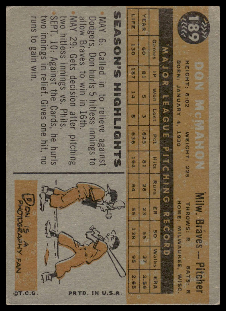 1960 Topps #189 Don McMahon Milwaukee Braves VG-EX