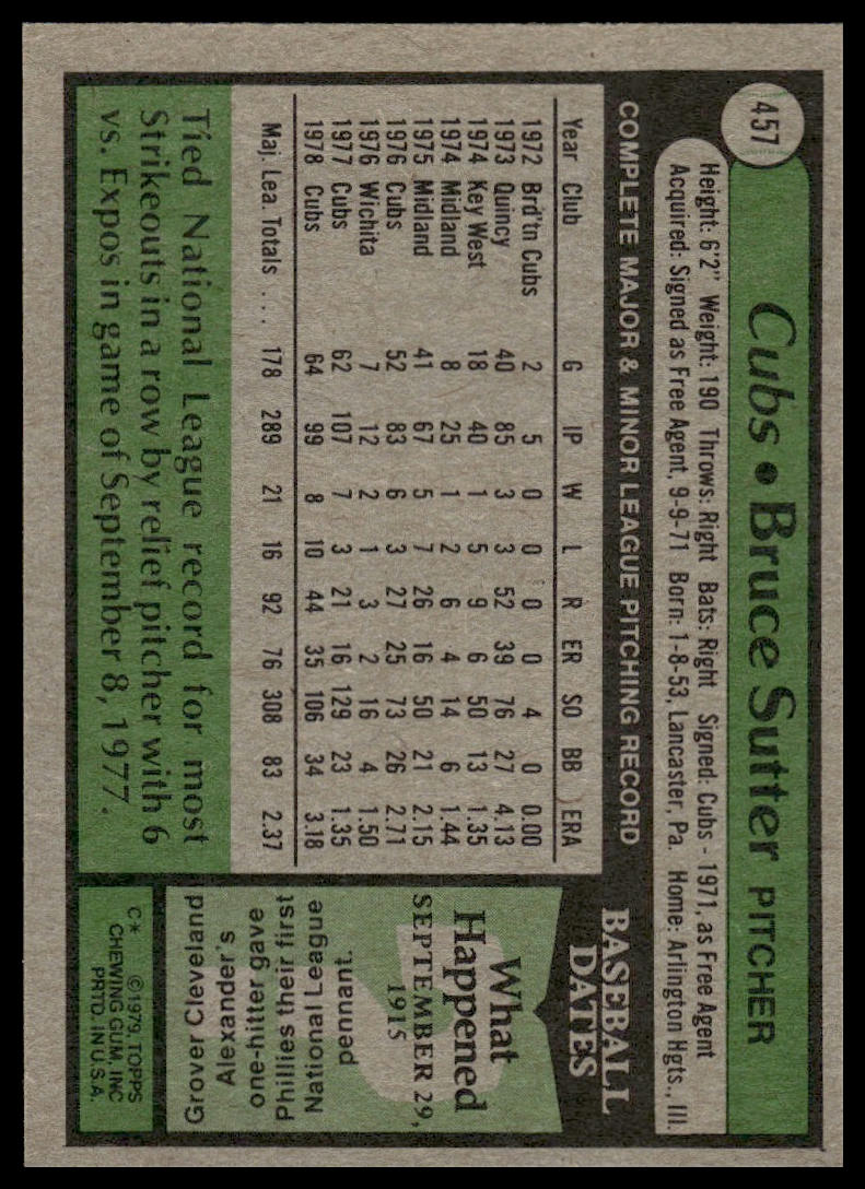 1979 Topps #457 Bruce Sutter Chicago Cubs Near Mint