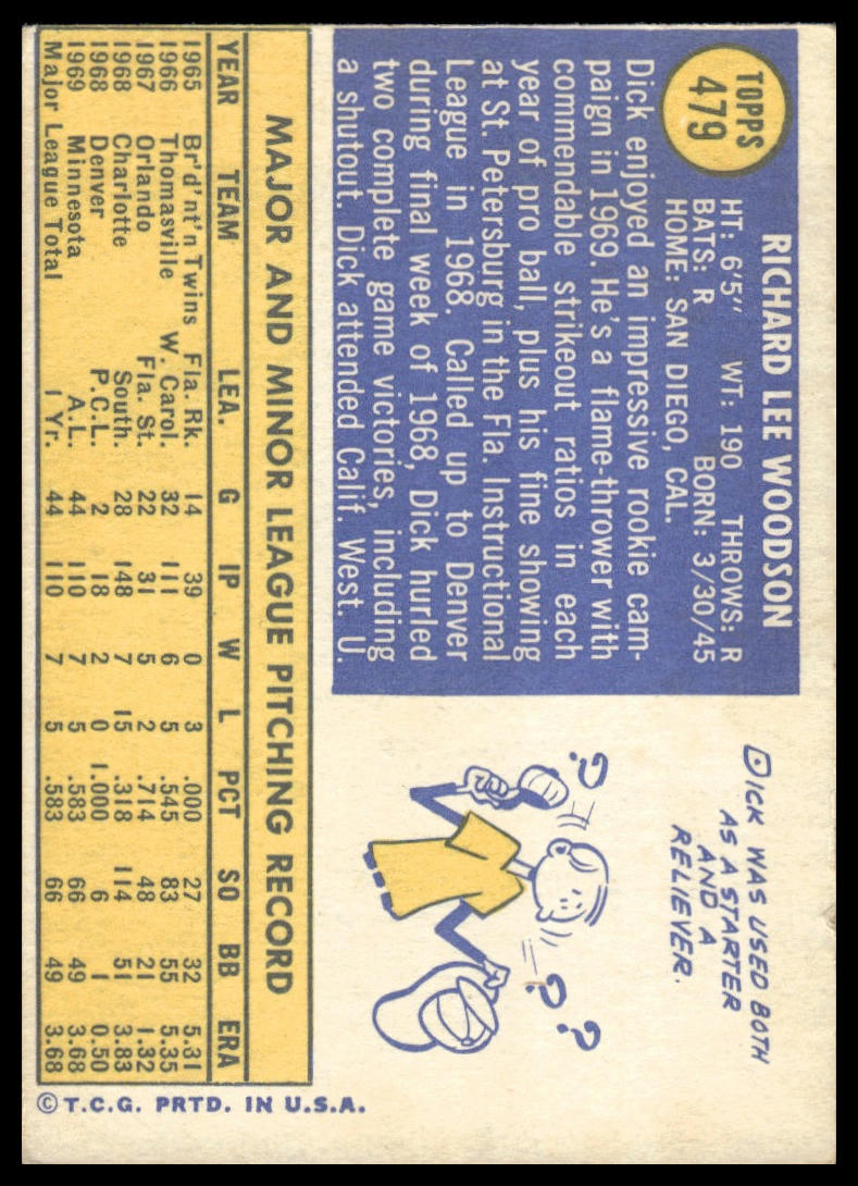 1970 Topps #479 Dick Woodson Minnesota Twins Rookie Excellent