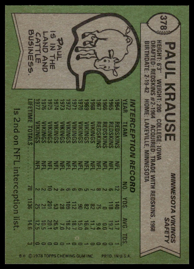 1978 Topps #378 Paul Krause Minnesota Vikings EX-NM