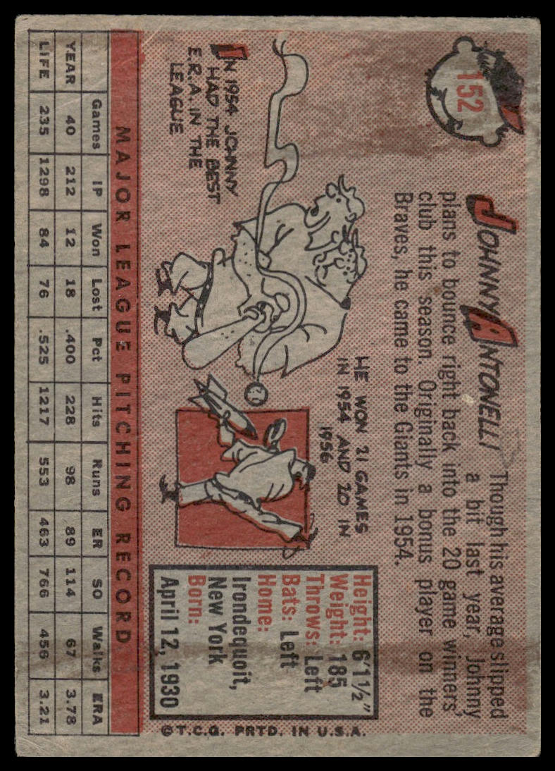 1958 Topps #152 Johnny Antonelli San Francisco Giants Poor