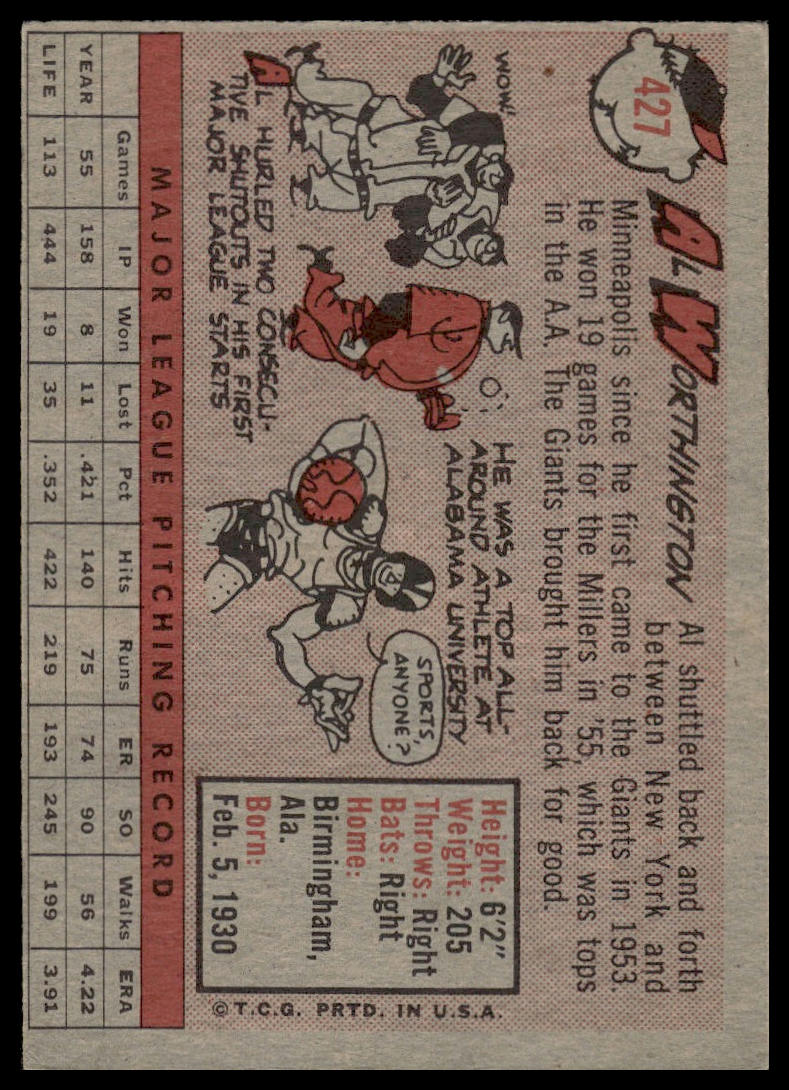 1958 Topps #427 Al Worthington San Francisco Giants Very Good