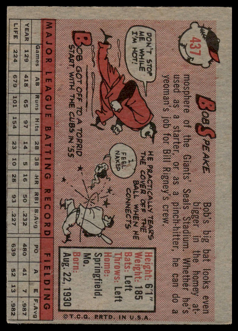 1958 Topps #437 Bob Speake San Francisco Giants Very Good