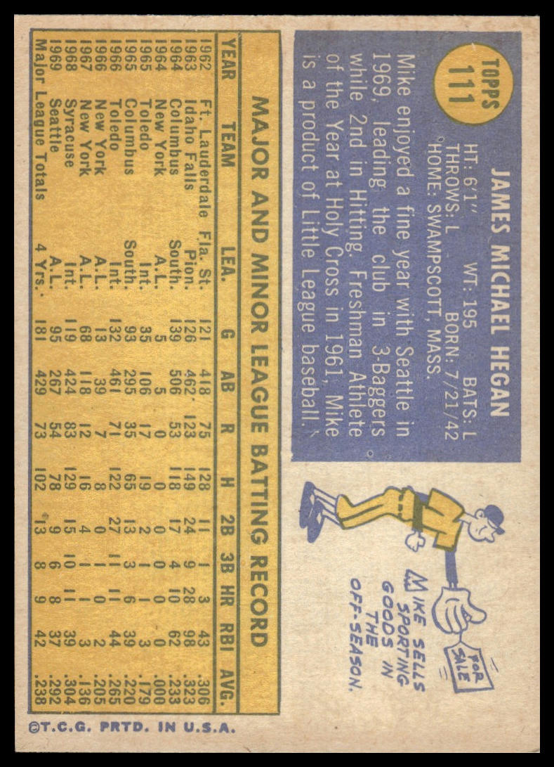 1970 Topps #111 Mike Hegan Seattle Pilots Excellent