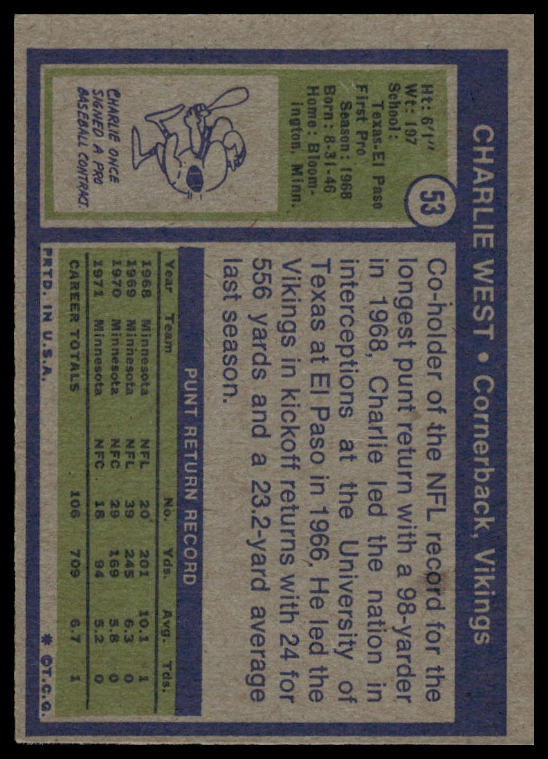 1972 Topps #53 Charlie West Minnesota Vikings Rookie Excellent