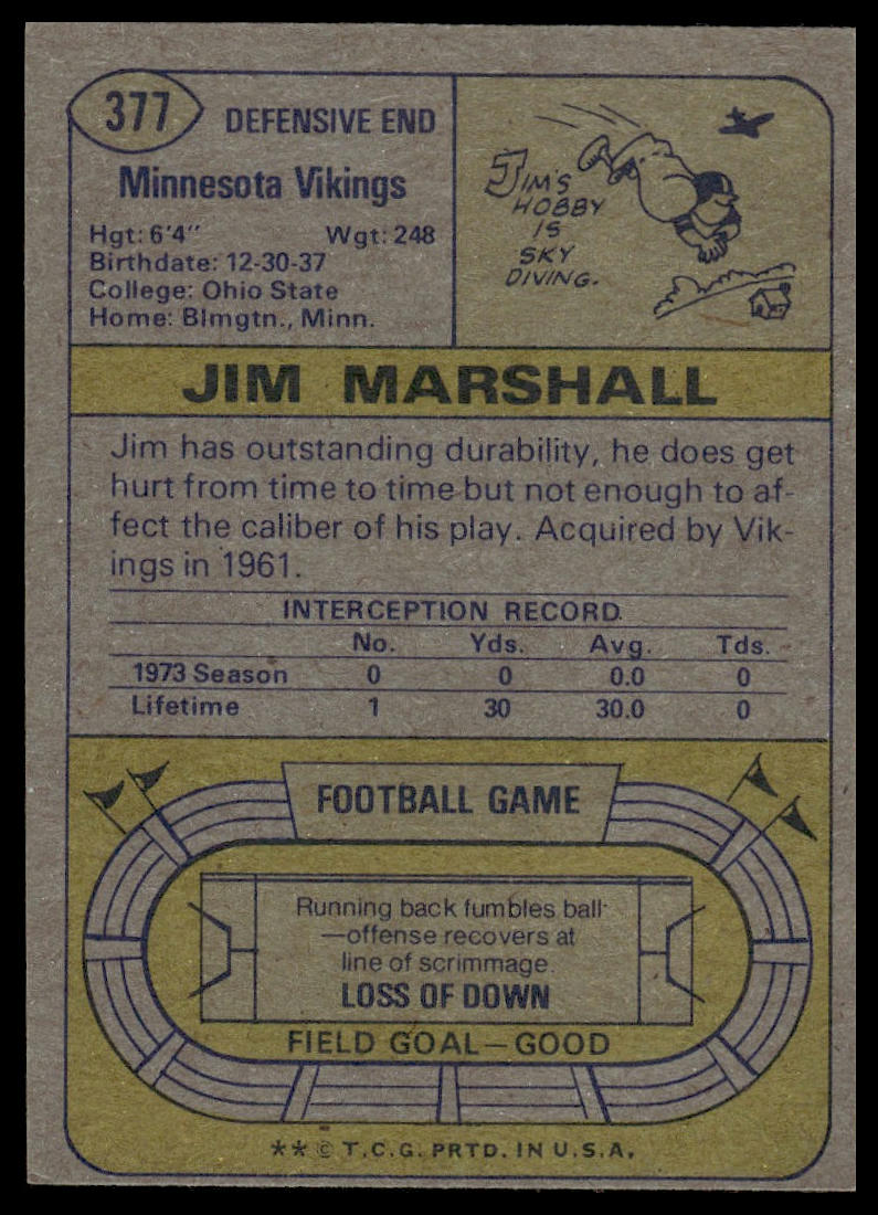 1974 Topps #377 Jim Marshall Minnesota Vikings EX-NM