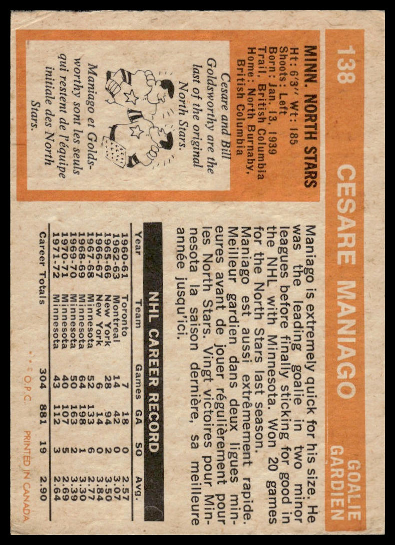 1972-73 Topps #104 Cesare Maniago Minnesota North Stars VG-EX