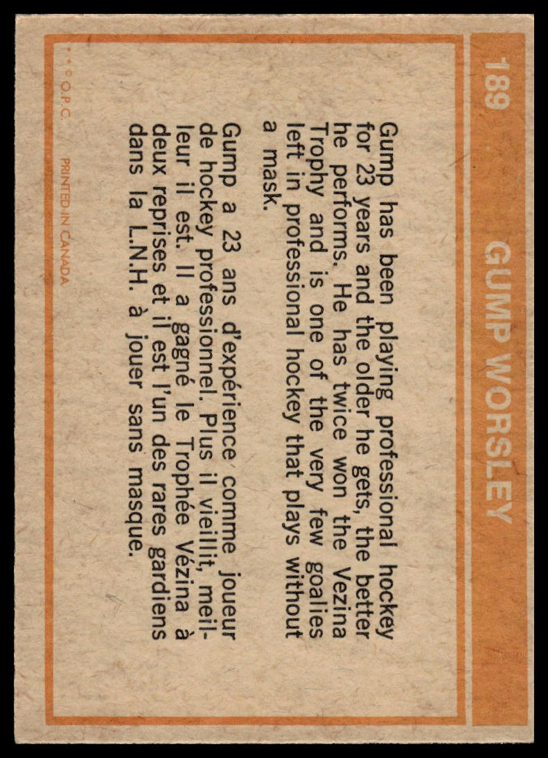 1972-73 O-Pee-Chee #189 Gump Worsley Minnesota North Stars Very Good