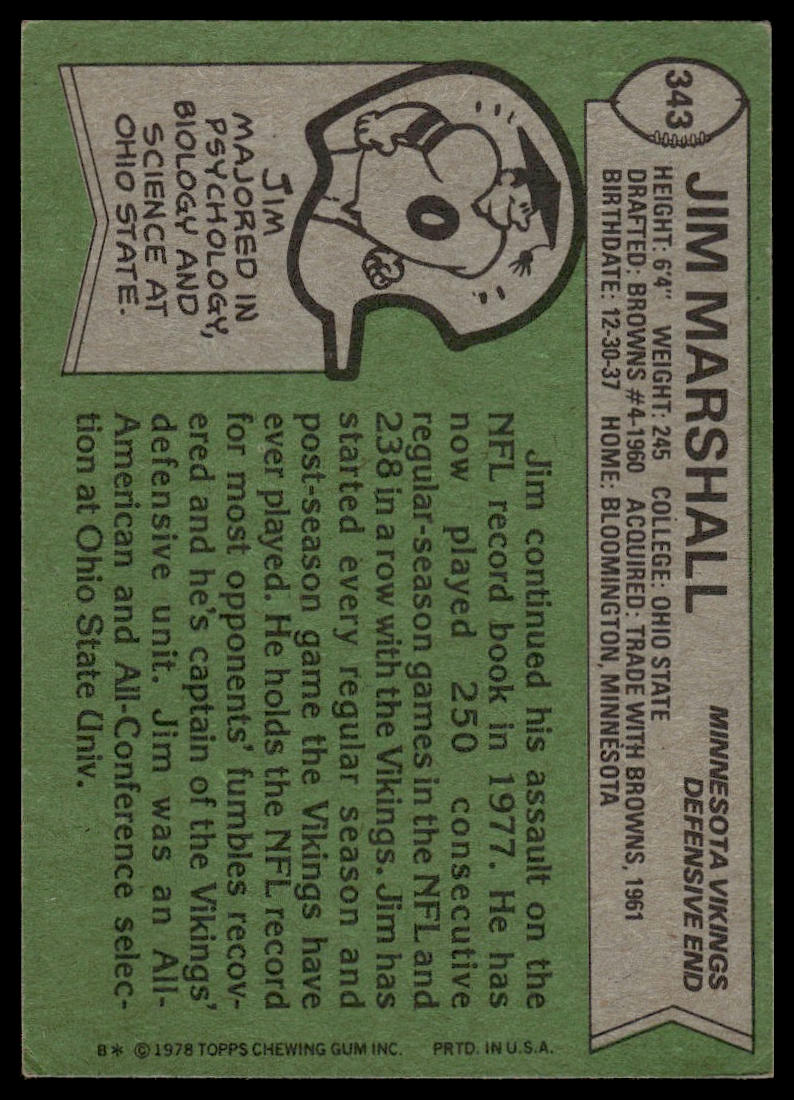 1978 Topps #343 Jim Marshall Minnesota Vikings Very Good