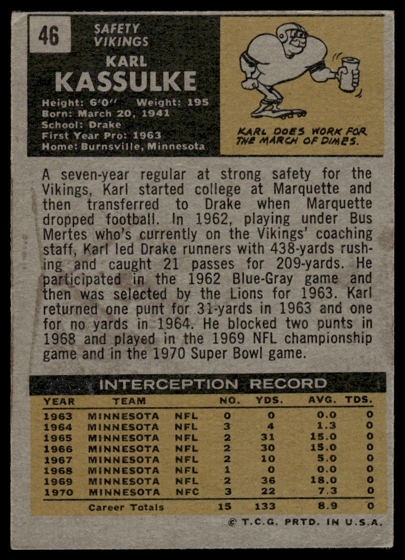 1971 Topps #46 Karl Kassulke Minnesota Vikings Rookie Very Good