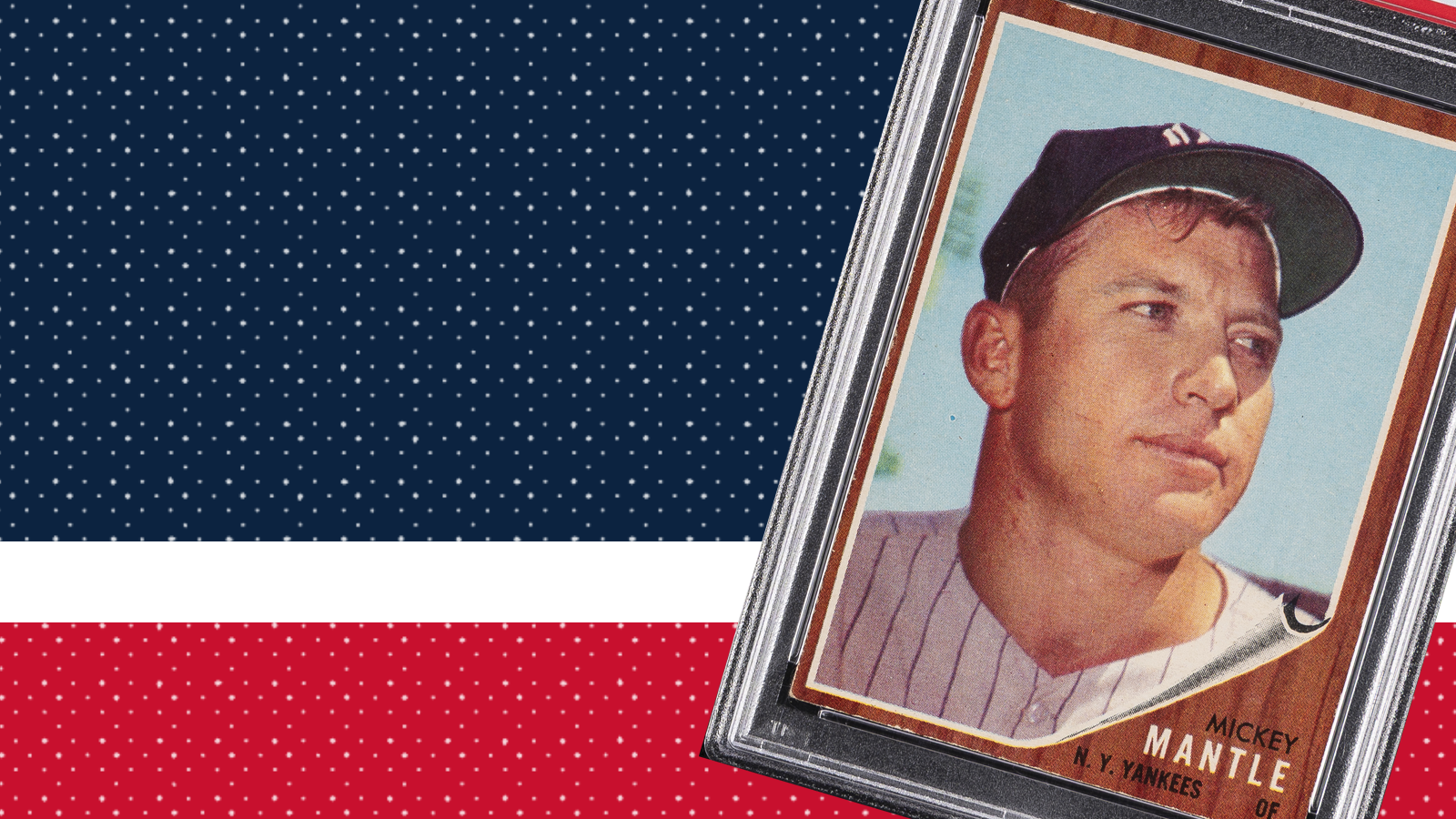 Baseball card of a player with a blue and red background