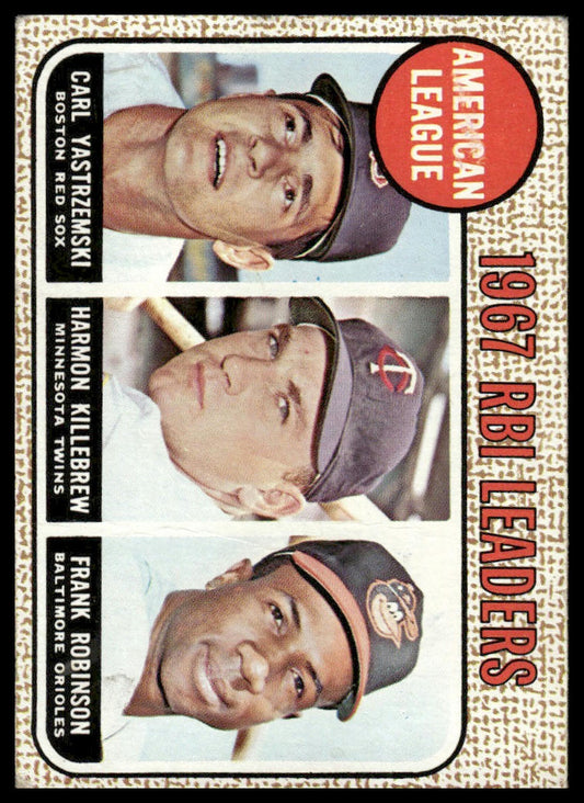 1968 Topps #4 AL 1967 RBI Leaders (Yaz / Killebrew / Robinson)