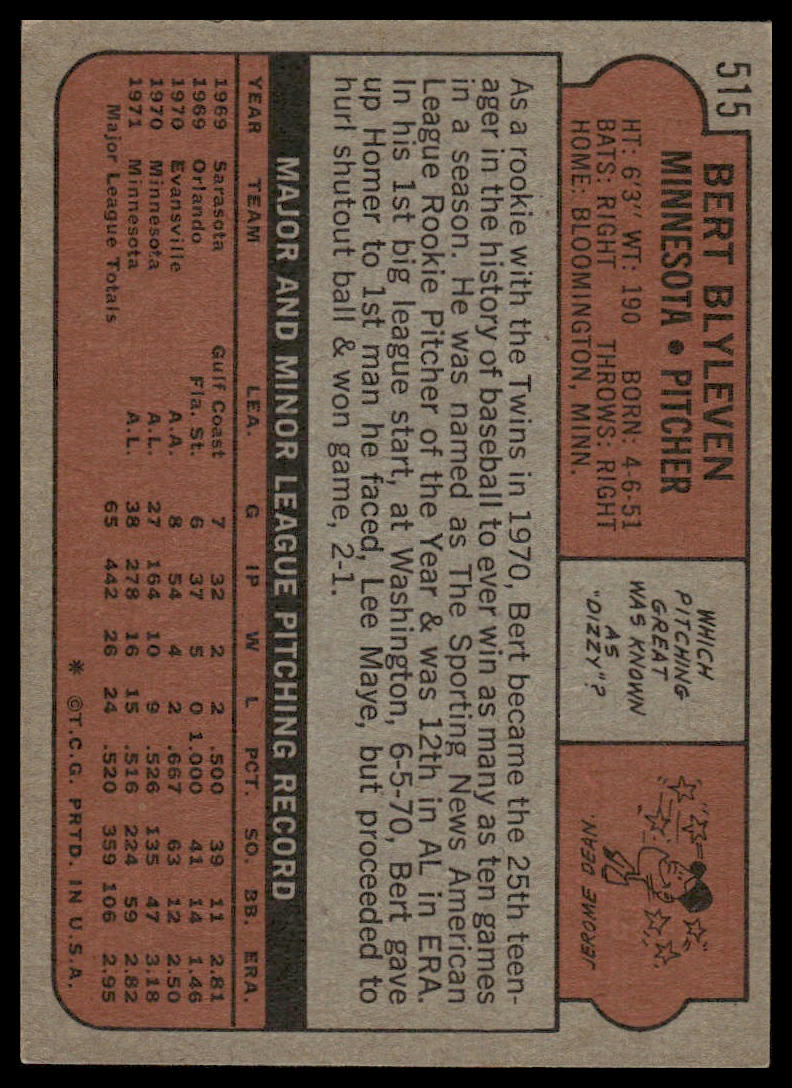 1972 Topps #515 Bert Blyleven Minnesota Twins EX