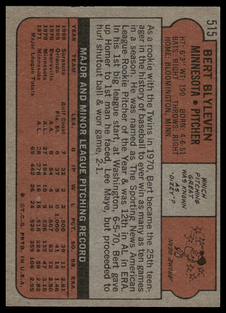 1972 Topps #515 Bert Blyleven Minnesota Twins VG-EX