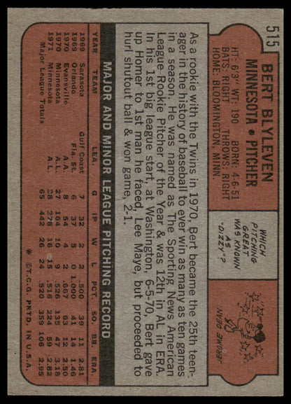 1972 Topps #515 Bert Blyleven Minnesota Twins VG-EX