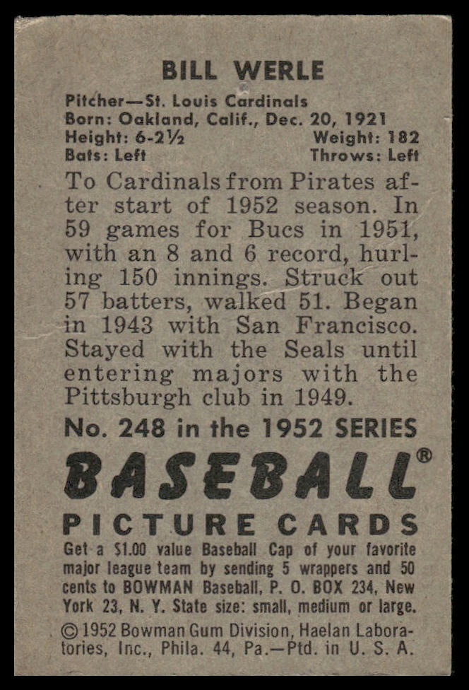 1952 Bowman #248 Bill Werle St. Louis Cardinals (Pin Hole)