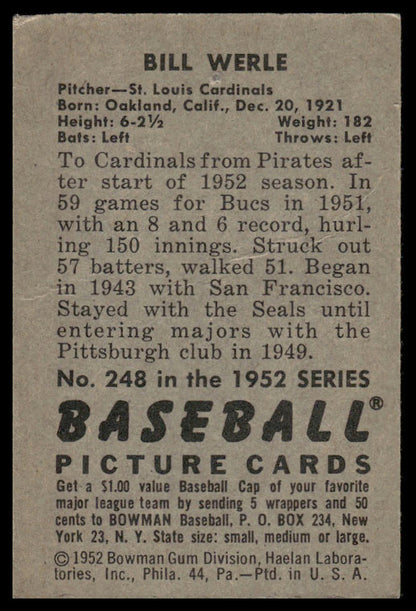 1952 Bowman #248 Bill Werle St. Louis Cardinals (Pin Hole)