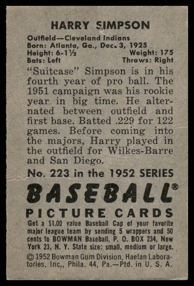 1952 Bowman #223 Harry Simpson Cleveland Indians Rookie (Pin Hole)