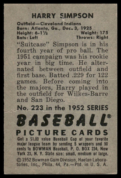 1952 Bowman #223 Harry Simpson Cleveland Indians Rookie (Pin Hole)