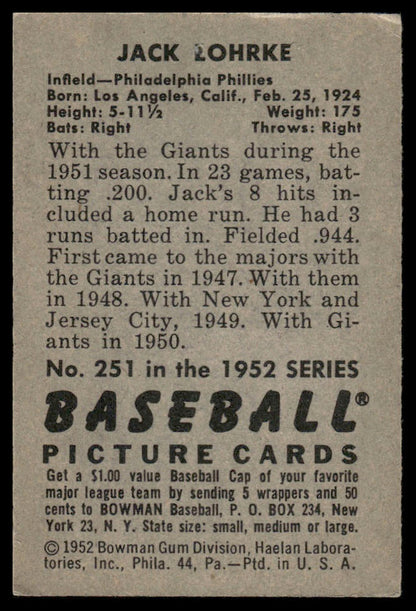 1952 Bowman #251 Jack Lohrke Philadelphia Phillies (Pin Hole)