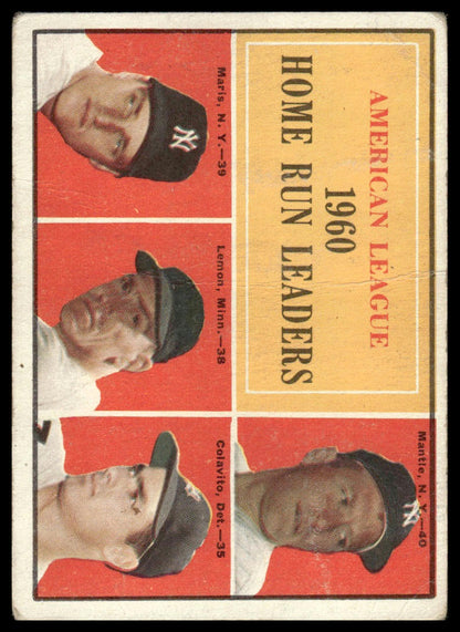 1961 Topps #44 AL 1960 HR Leaders (Mickey Mantle / Roger Maris)