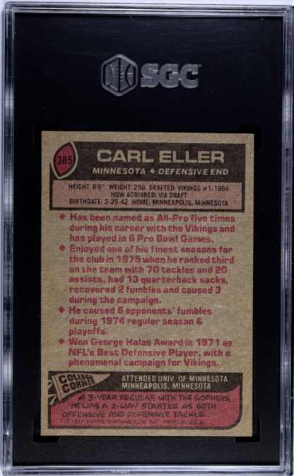 1977 Topps #385 Carl Eller Minnesota Vikings SGC 8 NM-MT