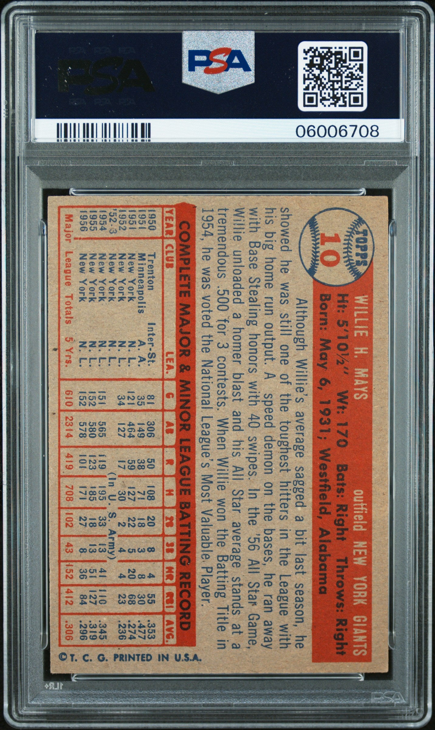 1957 Topps #10 Willie Mays New York Giants PSA 7 Near Mint