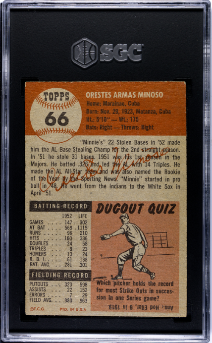 1953 Topps #66 Orestes Minoso Chicago White Sox SGC 4