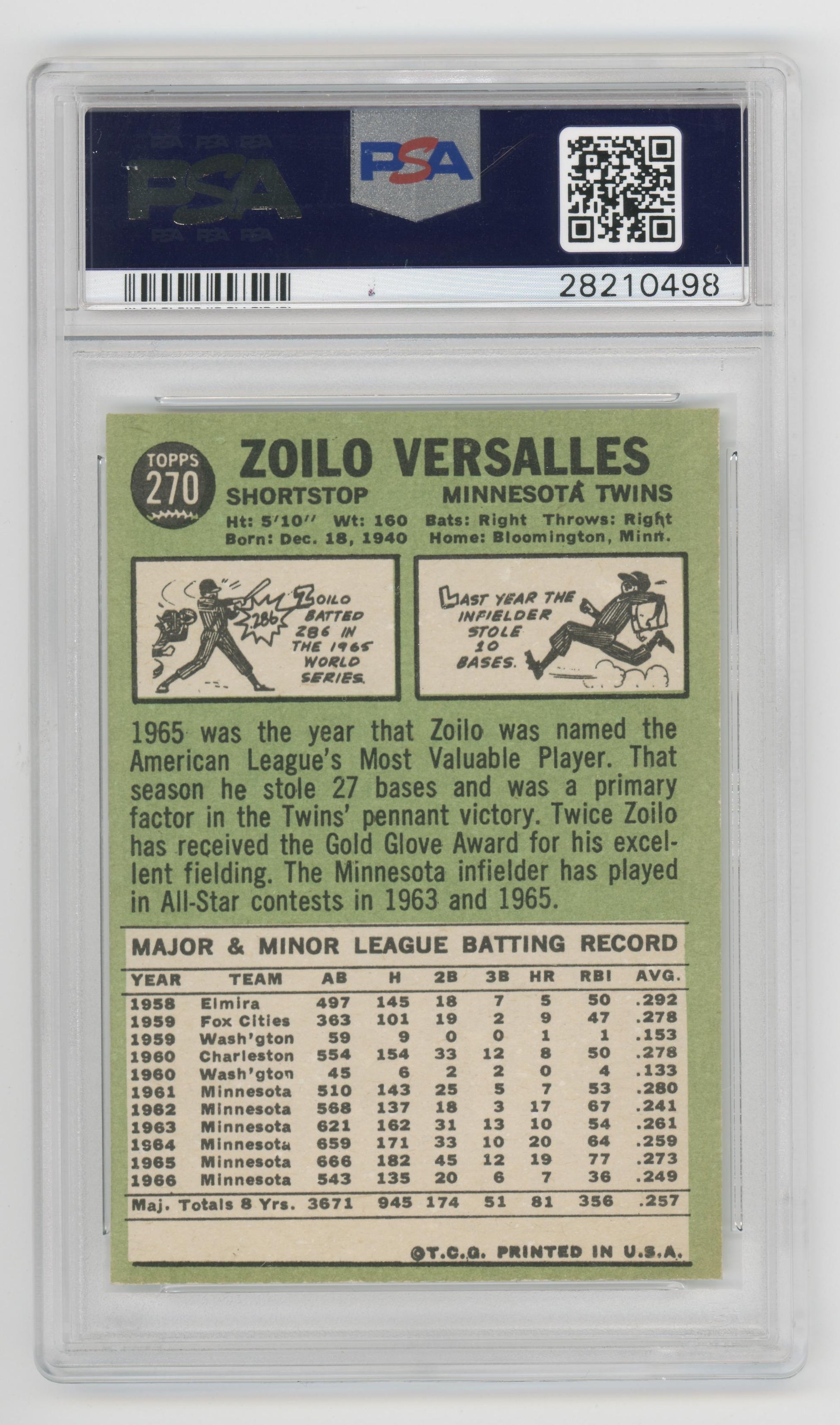 1967 Topps #270 Zoilo Versalles Minnesota Twins PSA 8 NM-MT
