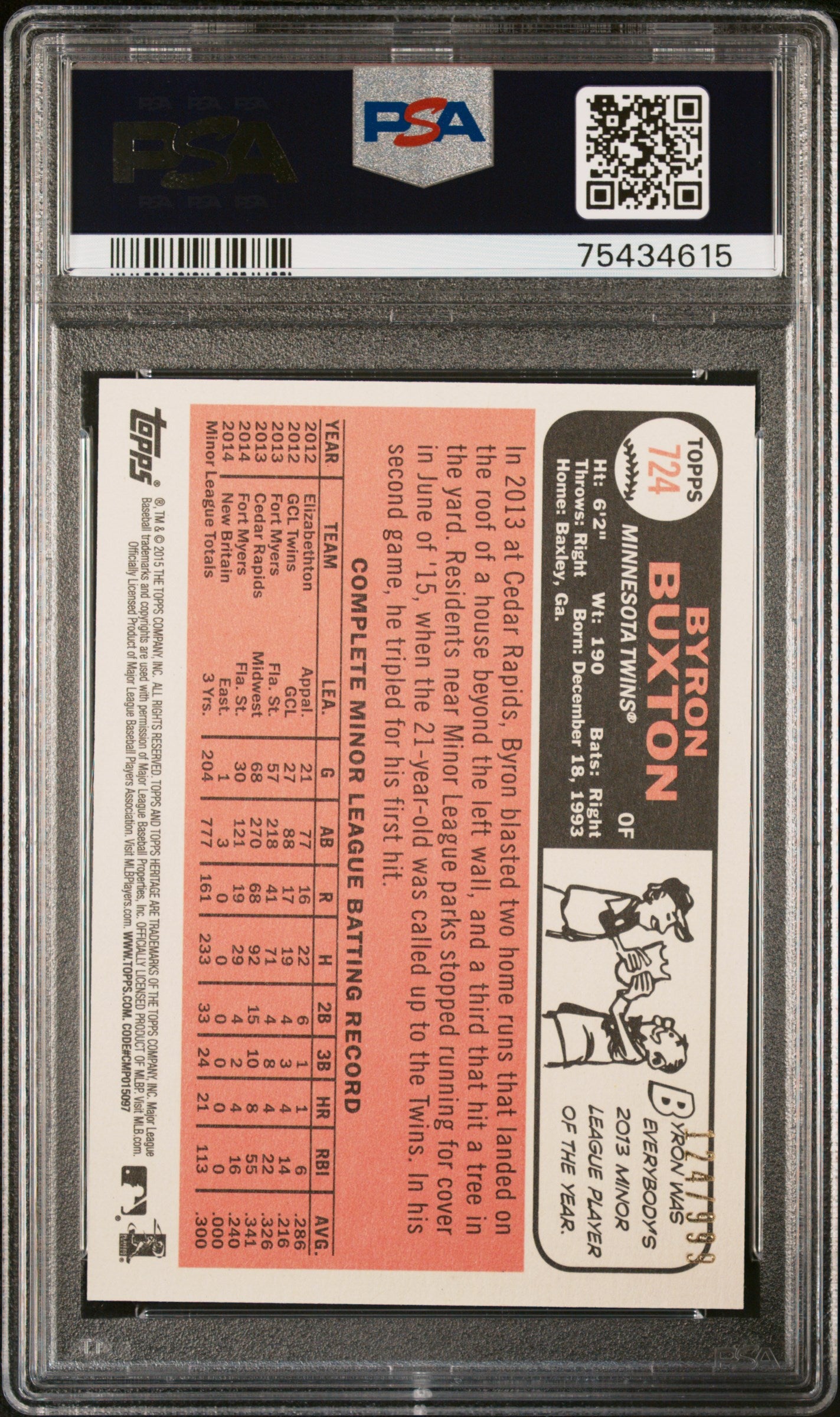 2015 Topps Heritage Chrome #724 Byron Buxton Minnesota Twins Rookie #/999 PSA 9