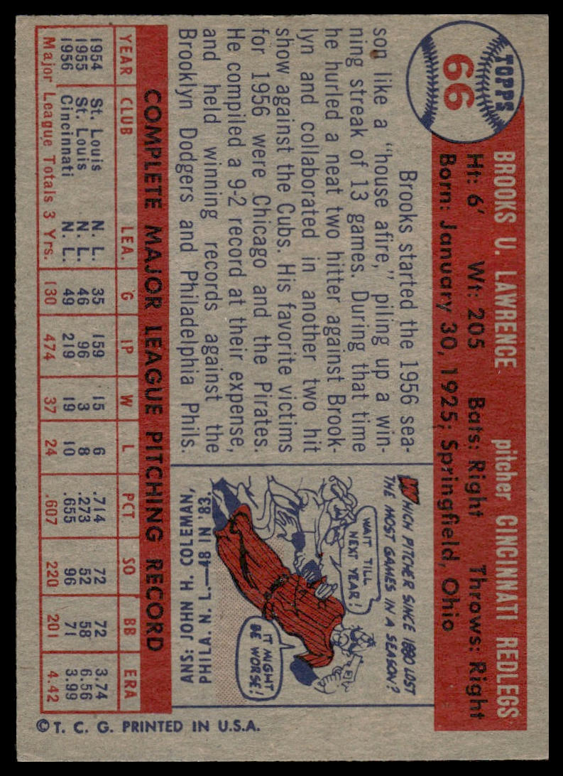1957 Topps #66 Brooks Lawrence Cincinnati Redlegs EX-NM Centered