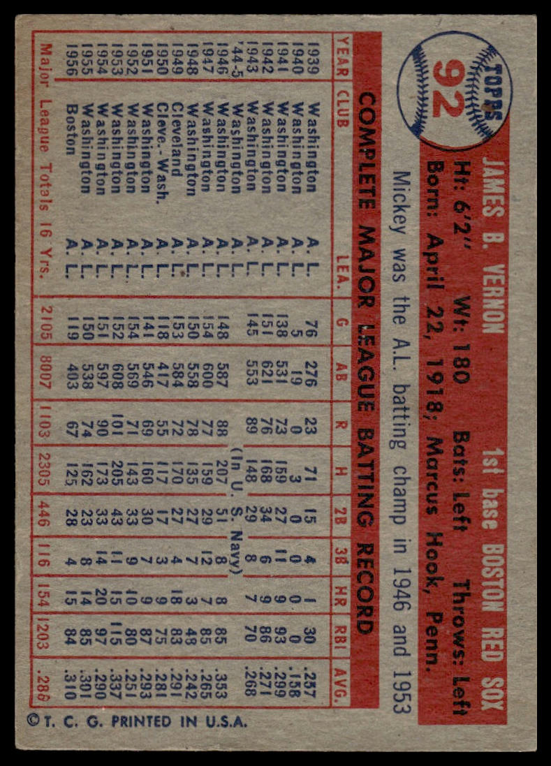 1957 Topps #92 Mickey Vernon Boston Red Sox Excellent