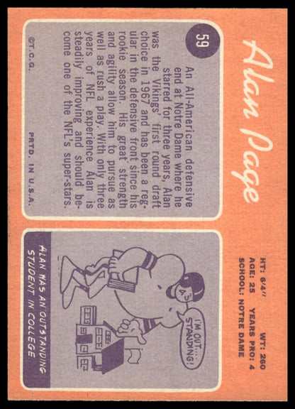 1970 Topps #59 Alan Page Minnesota Vikings Rookie EX - Centered!