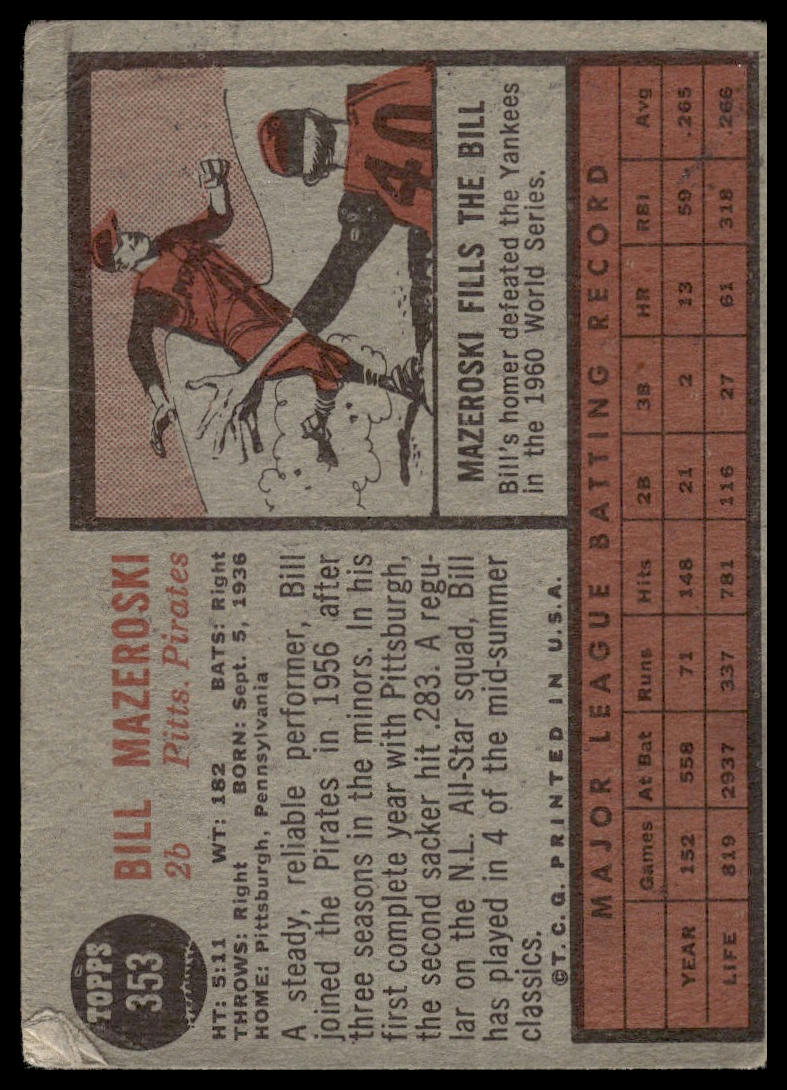 1962 Topps #353 Bill Mazeroski Pittsburgh Pirates Good