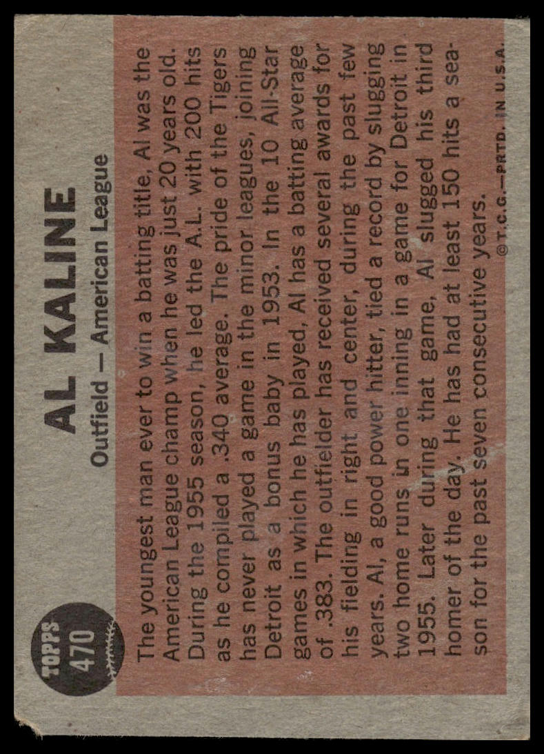 1962 Topps #470 Al Kaline Detroit Tigers Poor