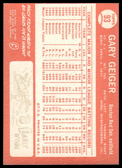 1964 Topps #93 Gary Geiger Boston Red Sox Excellent