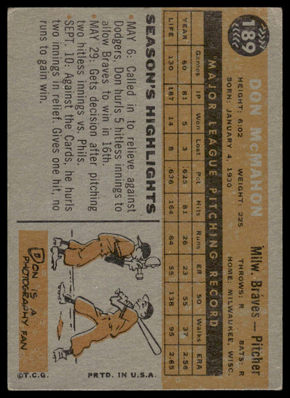 1960 Topps #189 Don McMahon Milwaukee Braves VG-EX