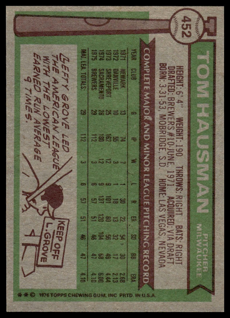 1976 Topps #452 Tom Hausman Milwaukee Brewers Rookie Near Mint or Better