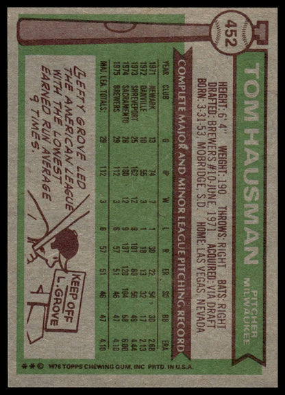 1976 Topps #452 Tom Hausman Milwaukee Brewers Rookie Near Mint or Better