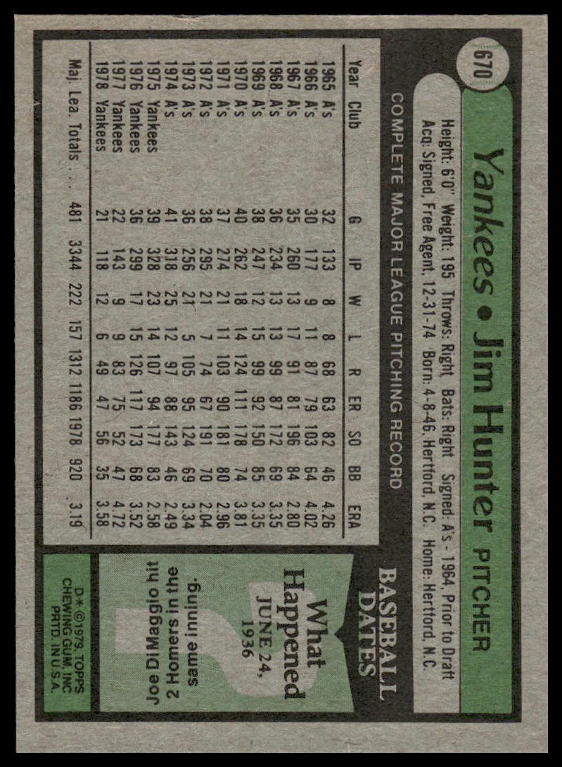 1979 Topps #670 Jim Hunter New York Yankees Near Mint