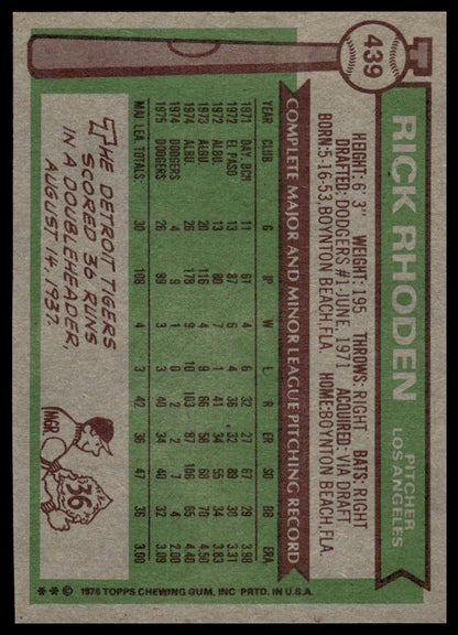 1976 Topps #439 Rick Rhoden Los Angeles Dodgers Near Mint or Better