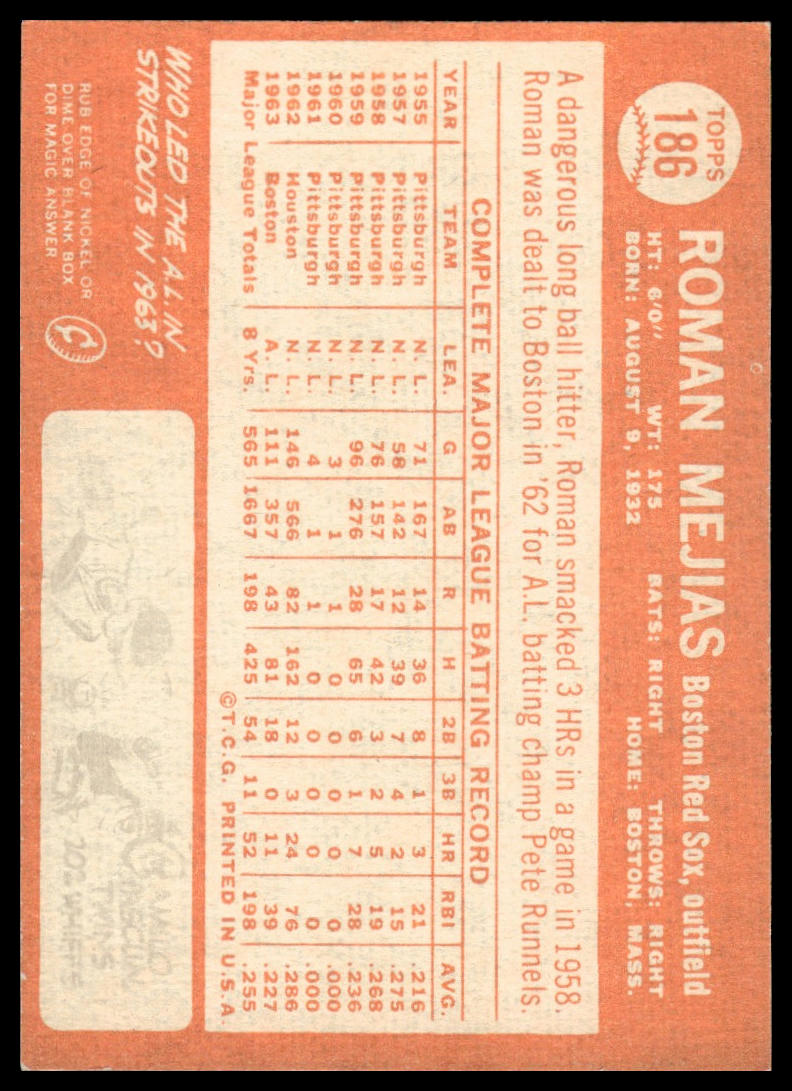 1964 Topps #186 Roman Mejias Boston Red Sox Very Good