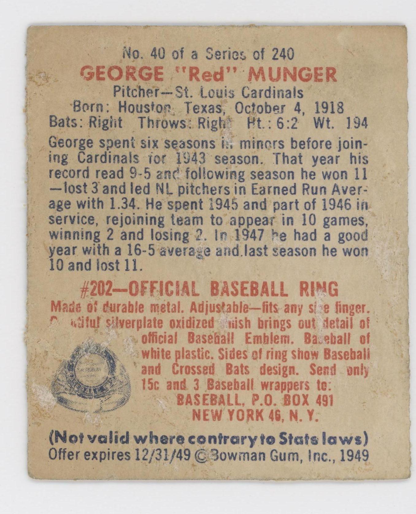 1949 Bowman #40 George "Red" Munger St. Louis Cardinals Rookie Very Good